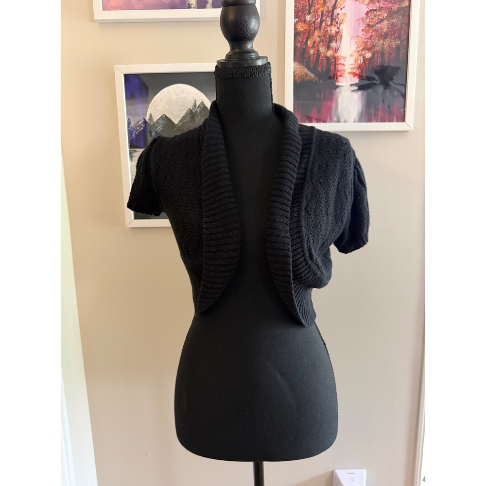 Made For Me 2 Look Amazing Black Pointelle Knit Bolero Shrug Cardigan Size M